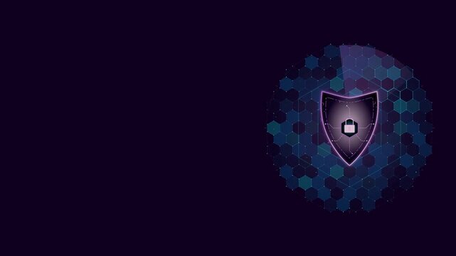 Cybersecurity shield with lock icon glows beside a scanning hexagonal force field over a dark background in 3D motion