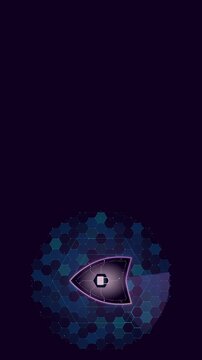 Glowing purple security shield with lock icon stands inside a dark hexagonal network field in a vertical 3D animation