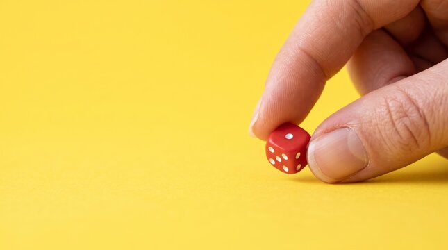 Close up hand holding small red dice showing one dot on yellow background for risk concept