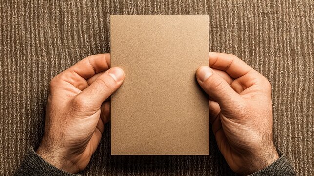 Man's hands hold blank card on textured background. Add your message Ideal for invites, announcements, or promos with neutral colors