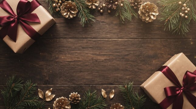 Christmas gift boxes with burgundy ribbons and pinecones on a rustic wooden table, featuring festive holiday decor and copy space for seasonal marketing and greeting card banner design.