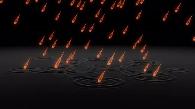 漆黒の深宇宙で降り注ぐオレンジ色の彗星アイコンと水面の波紋を描く3D背景