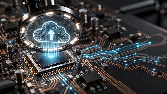 Cloud computing upload concept with glowing digital icon on microchip circuit board illustrating hardware integration and data network infrastructure