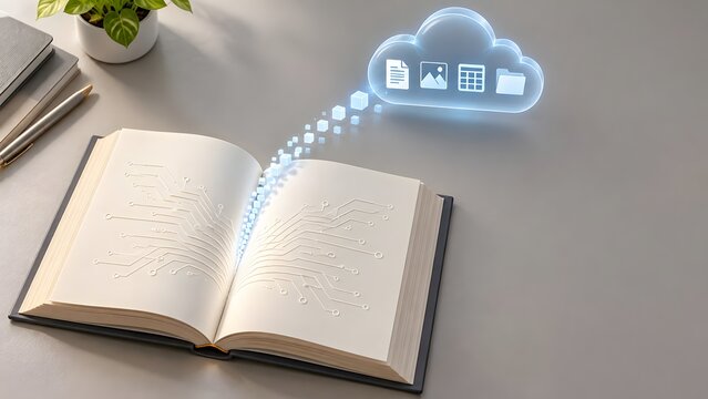 Digital education cloud computing concept with physical book transforming into virtual data icons and circuit board pages