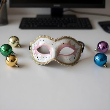 Corporate holiday party and office celebration, masquerade mask with colorful baubles on a desk for festive workplace culture and end of year events