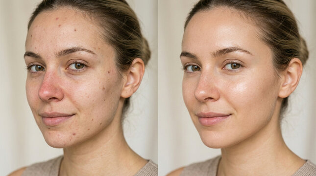Before and After Skin Retouching: Woman's Face Transformation, Blemish Correction