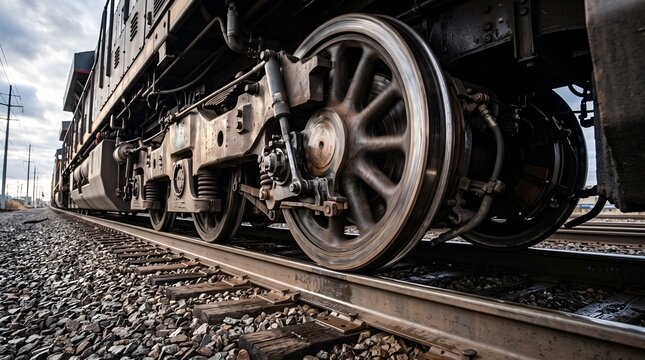 Close up of train wheels moving on tracks