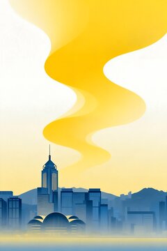 Stylized Urban Skyline With Swirling Yellow Abstract Element