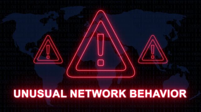Unusual network behavior warning alert with glowing red neon exclamation mark symbols over a digital map background, representing global cyber, security threats, data, breaches, and system intrusions