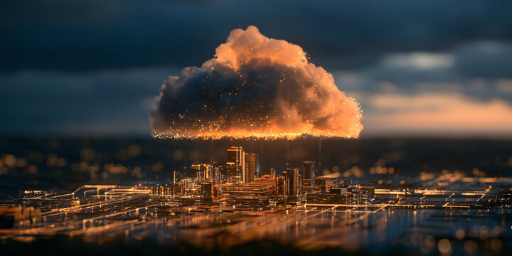 Futuristic cloud computing infrastructure concept glowing over modern cityscape at sunset