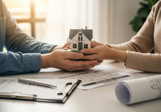 Real estate agents offer contracts to buy or rent housing. Businessman holds home delivery model with deposit on property at work desk in home sales office.