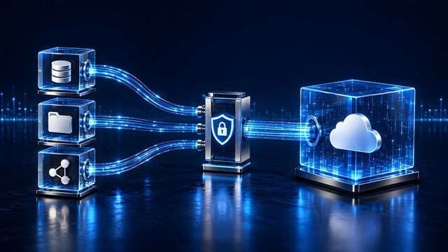 Secure cloud storage architecture concept with glowing digital cubes transferring encrypted folder and database information