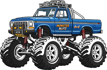 Blue monster truck vector illustration with giant tires and roof rack isolated on white background for automotive design © MstHusna
