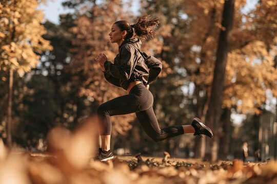Athletic woman running outdoors through autumn park among fallen leaves during workout