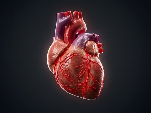 3d render of a human heart anatomy, showing the complex network of coronary arteries and veins on the surface of the muscular organ against a dark background