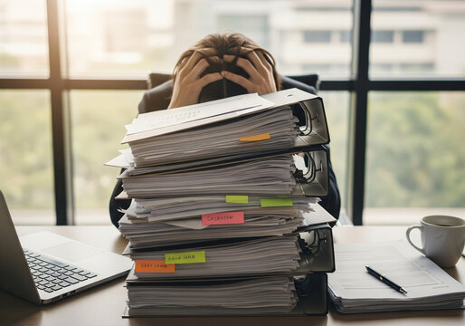 Stressed businessman sitting at his desk covering his face with his hands.