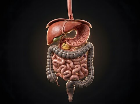 3d illustration of the human digestive system showing the liver, stomach, small intestine, and large intestine against a dark background
