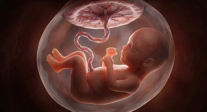 3d illustration of a human fetus inside the womb, showing the development of the baby connected to the placenta by the umbilical cord, medical visualization of pregnancy