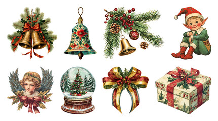 Obraz premium PNG Vintage Christmas clipart set with bells, wreaths, gifts transparent background