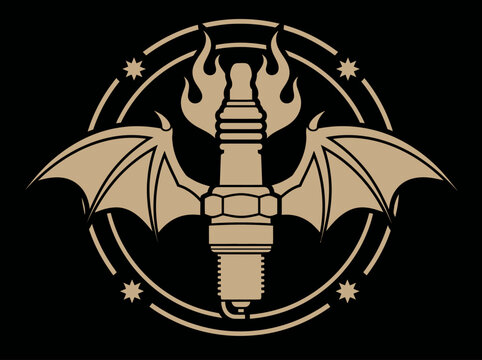 Stylized Spark Plug with Bat Wings and Flames Automotive Logo Illustration