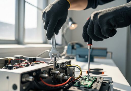 Technician testing electronic components and wiring inside disassembled electric oven. Appliance diagnostics and professional repair service concept