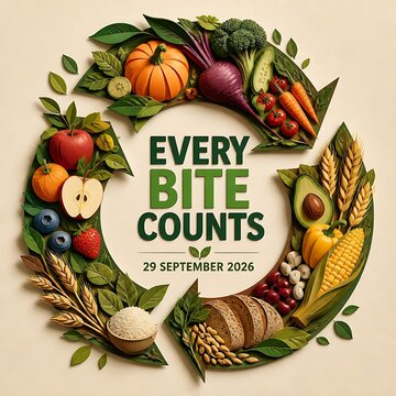 Sustainable food cycle concept with Every Bite Counts text, fresh organic produce in recycle arrow shape, healthy nutrition awareness