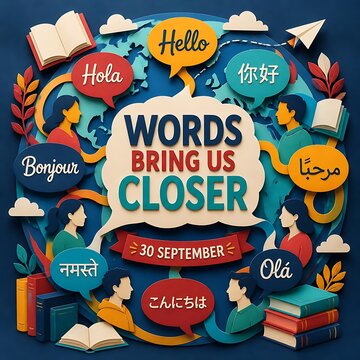 International Translation Day concept with global languages, multilingual speech bubbles for 30 September, diverse people and books