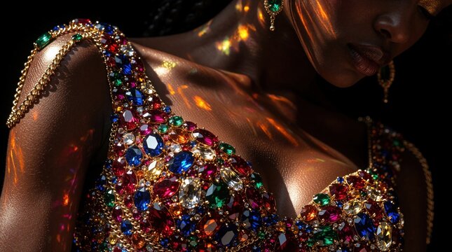 Woman wears dazzling jeweled dress with gold chains. Colorful gems sparkle under dramatic light. Closeup on ornate garment detail with rich texture against dark background.