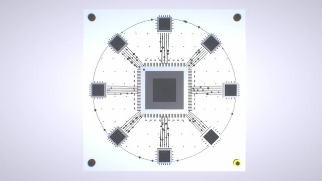 Symmetrical top down view of square central microchip board surrounded by peripheral chips and radial circuit pathways in 3D