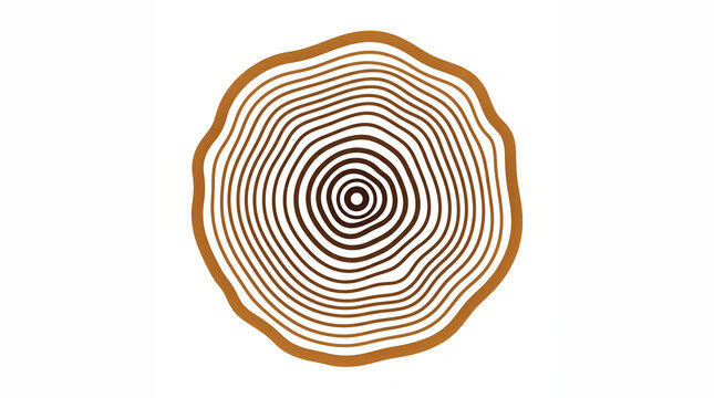 Concentric wavy tree rings radiate outward like natural wood grain, representing growth, time and sustainability in a warm brown circular emblem