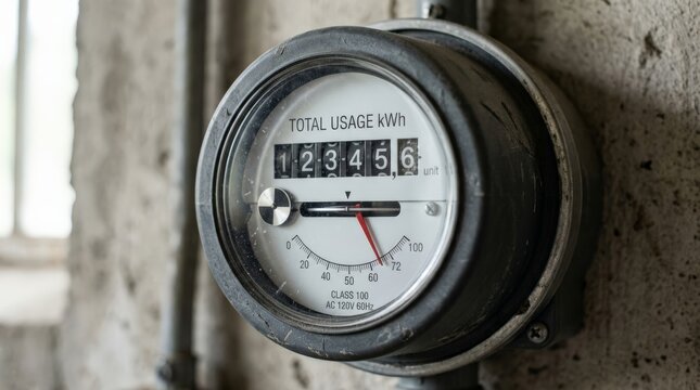 A close up view of a rusty mechanical water meter mounted on a rough concrete wall inside an industrial building, showing total usage in kilowatt hours, underscoring the electricity meter
