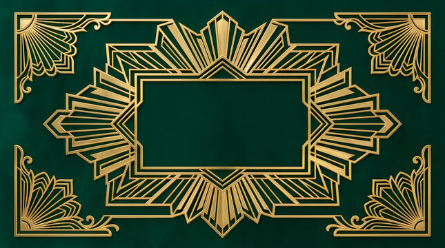 Elegant art deco style vintage border frame with gold lines on a deep green background for luxury invitation