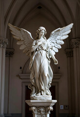 Fototapeta premium Spirituality and peace marble angel statue with wings spread in a cathedral religious art and divine grace funeral monument and memorial sculpture
