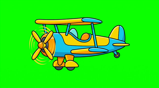 2D Flat View of Cute Propeller Biplane Kids Book Vector on Green