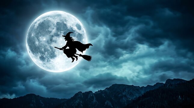 Wicked witch silhouette flying on a broomstick across a giant full moon during dark night sky