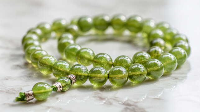 Green jade beads arranged elegantly on a polished white marble surface capture a sense of calm and luxury.