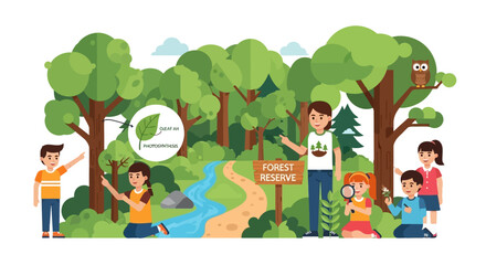 Fototapeta premium Children Learning About Nature in a Forest Reserve Illustration