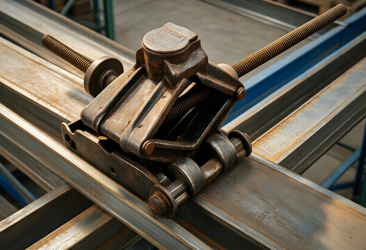 Industrial maintenance and heavy engineering, vintage metal screw jack tool resting on steel beams in a manufacturing workshop or construction site