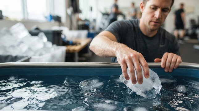 Athlete enduring intense cold water therapy in an ice bath for muscle recovery and physical rejuvenation after rigorous athletic training session