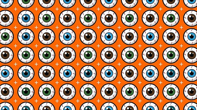 Spooky eyeballs pattern featuring vibrant orange background with repetitive scary colorful iris designs for halloween themes