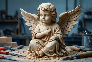 Fototapeta premium Handcrafted wooden angel sculpture, artisan craftsmanship and religious art, cherub figurine in a woodworking workshop with carving tools on a workbench