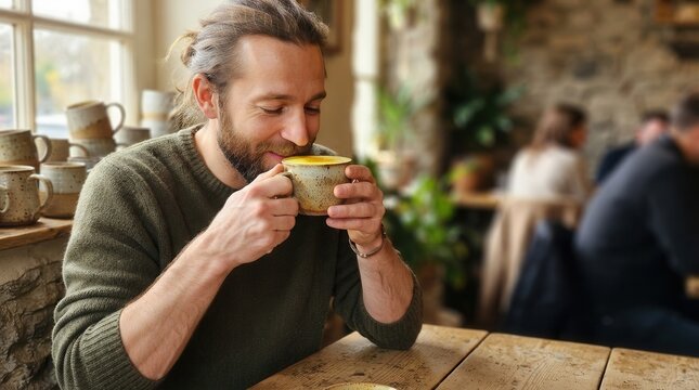 Captured in a rustic cafe as a bearded man peacefully enjoys his warm morning beverage by the window savoring the rich aroma