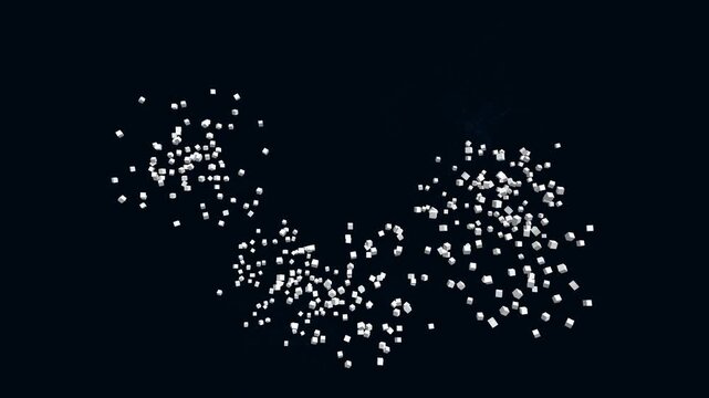 Abstract 3D visualization of data nodes grouped in five interconnected clusters forming a dynamic digital cloud. Glowing blue boxes connected by data bridges illustrate cloud computing infrastructure,