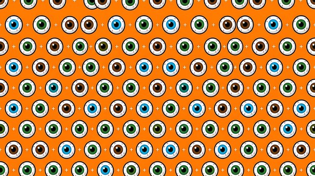 Colorful eyeballs pattern arranged with mathematical plus symbols on a vibrant bright orange background wallpaper design