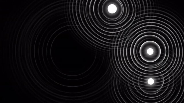 漆黒のマット液面に広がる白い同心円状の波紋と幾何学的干渉パターンの3D背景