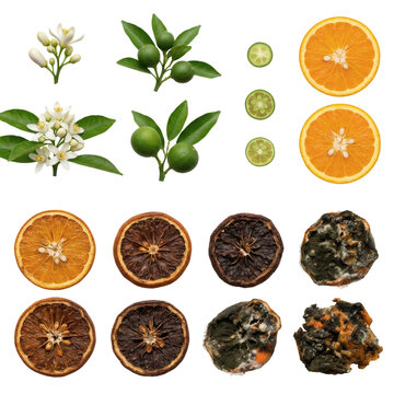 Comprehensive lifecycle stages of citrus fruit from fresh blossoms and green limes to orange slices, dehydrated dried fruit, and moldy rotten pieces isolated on a transparent background