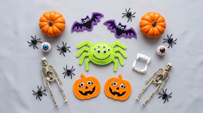 Festive halloween composition featuring pumpkins skeletons spiders bats and eyeballs arranged neatly on grey background surface