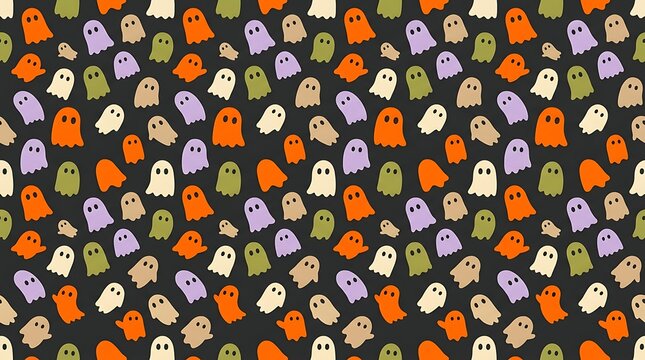 Cute colorful cartoon ghosts pattern floating across dark background creating festive spooky halloween textile surface design