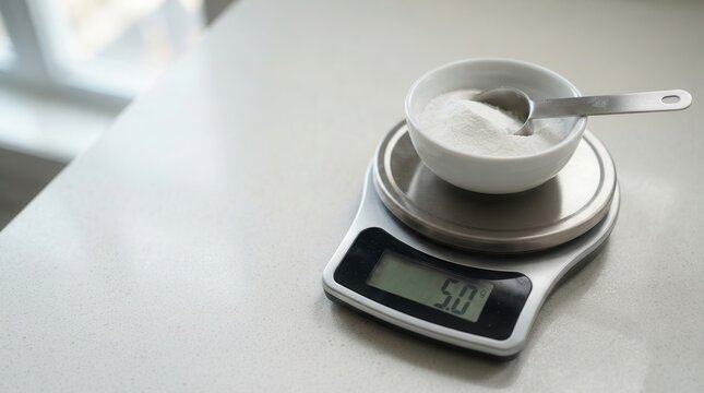 Precise digital kitchen scale measuring a small ceramic bowl filled with fine white powder and a stainless steel spoon on a clean countertop