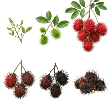 Rambutan fruit life cycle stages from flowering to rotting isolated on transparent background, showing organic growth and decomposition of Nephelium lappaceum tropical plant.